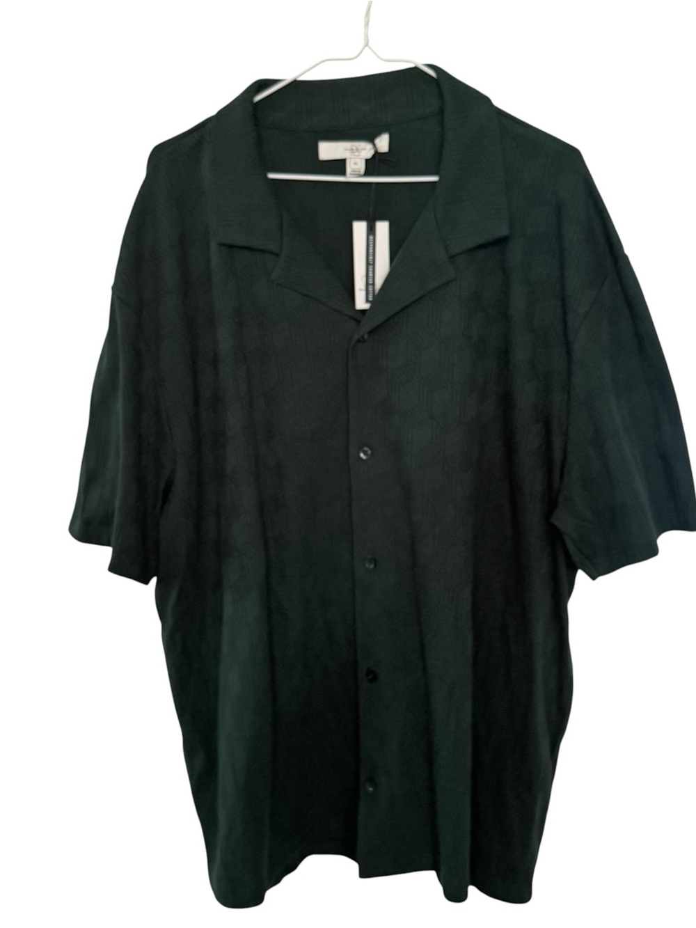 River Island Mens XL SS Button-Up Zigzag Camp Shirt Dark Green Jacquard Knit